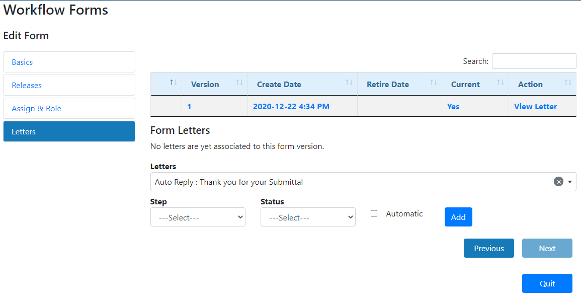 Admin - Forms - Letters Setup