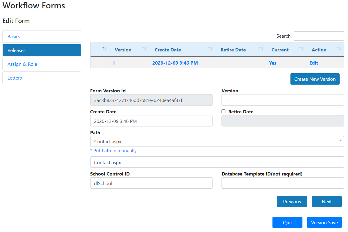Admin - Forms - Release Tab (ExistingForm)